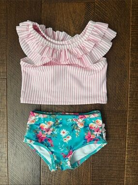 New Ruffle Butts Pink and White Striped swimsuit